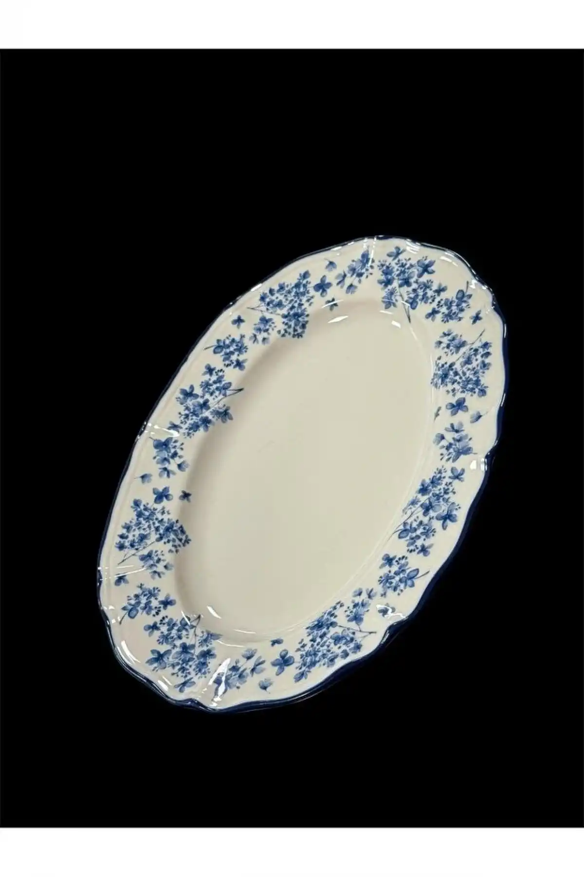 Acar Vintage Garden Mavi Çiçek Desenli Beyaz Porselen Oval Tabak 25x18 cm