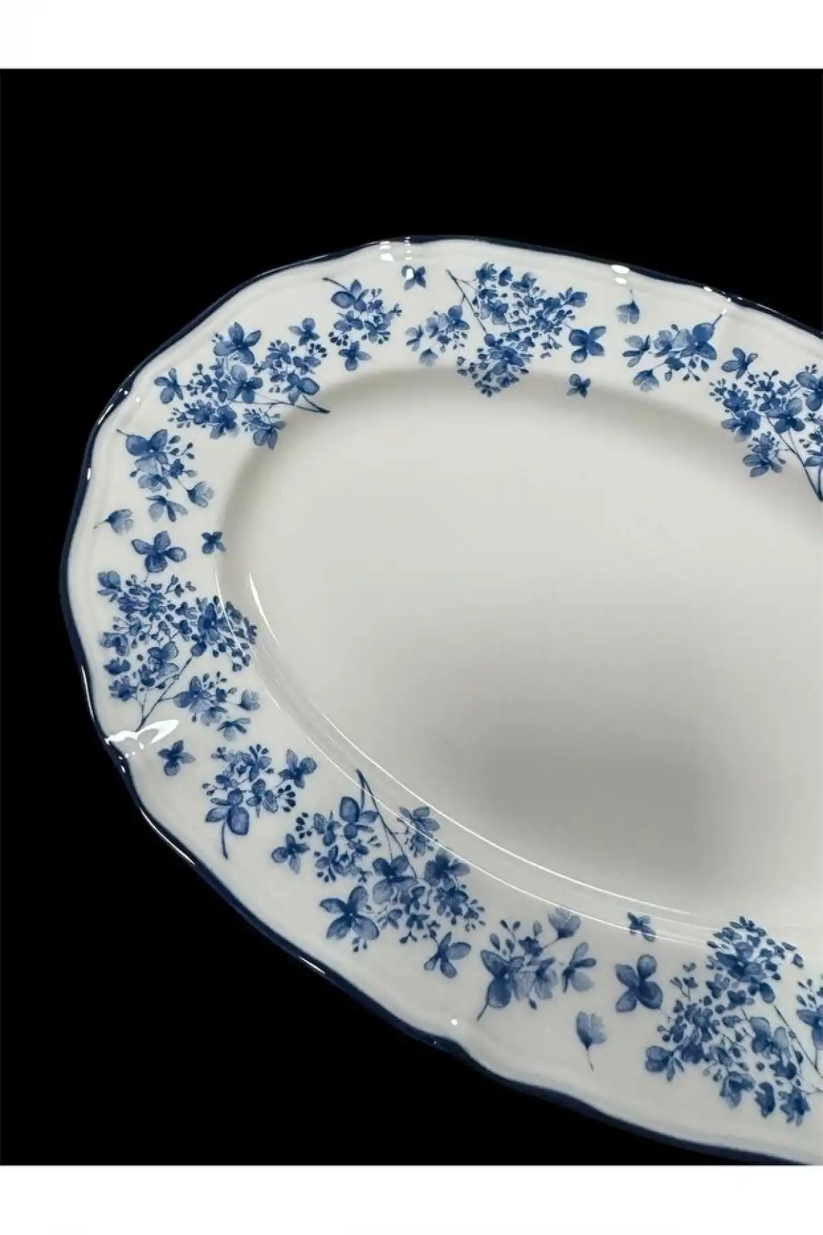 Acar Vintage Garden Mavi Çiçek Desenli Beyaz Porselen Oval Tabak 25x18 cm