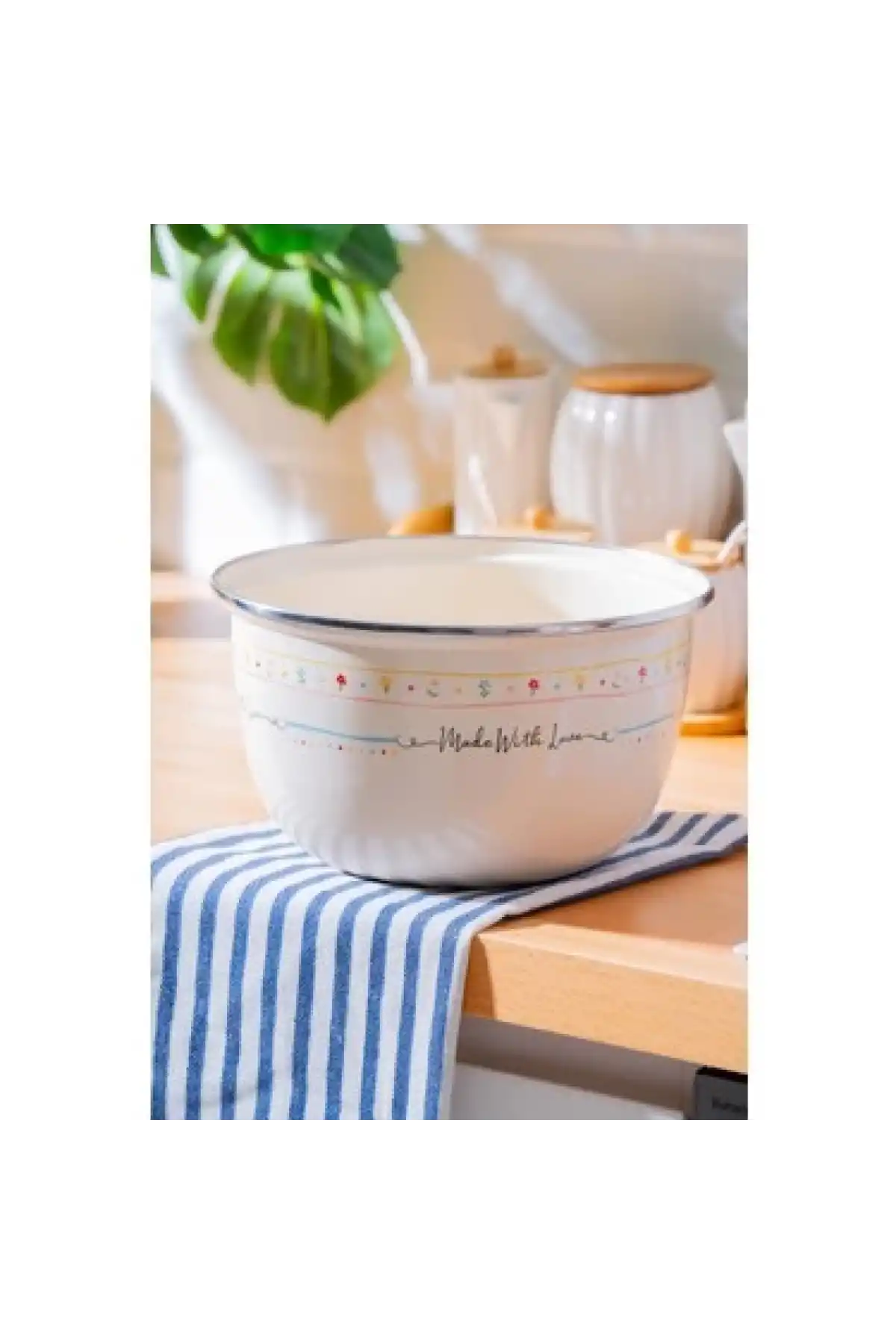 Acar XAP8526 Çiçek ve Yazı Desenli Beyaz Emaye Karıştırma Kabı Seti 3 Parça