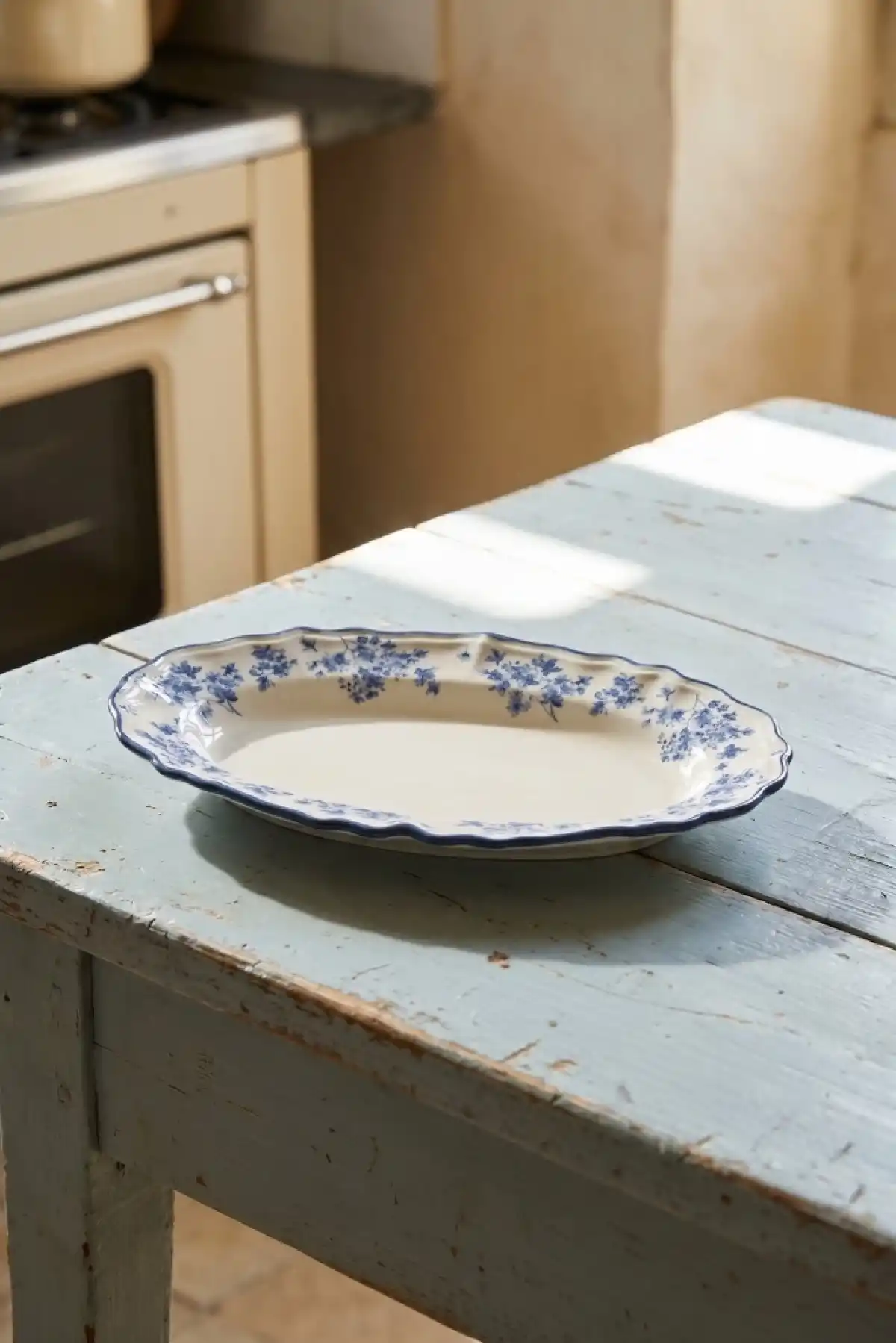 Acar Vintage Garden Mavi Çiçek Desenli Beyaz Porselen Oval Tabak 19 cm