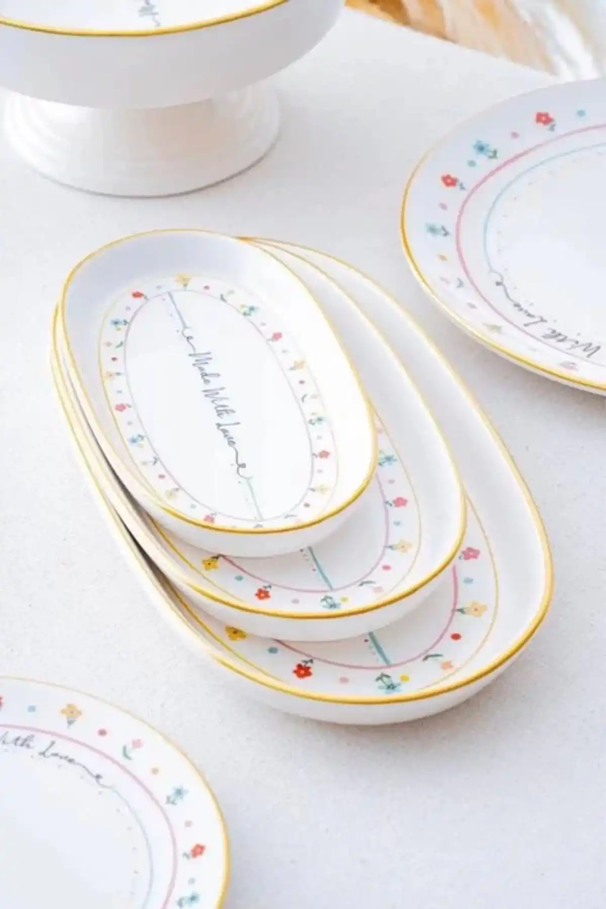 Acar HCA7730 Livaldi Çiçek ve Yazı Desenli Kayık Model Beyaz Tabak 3lü