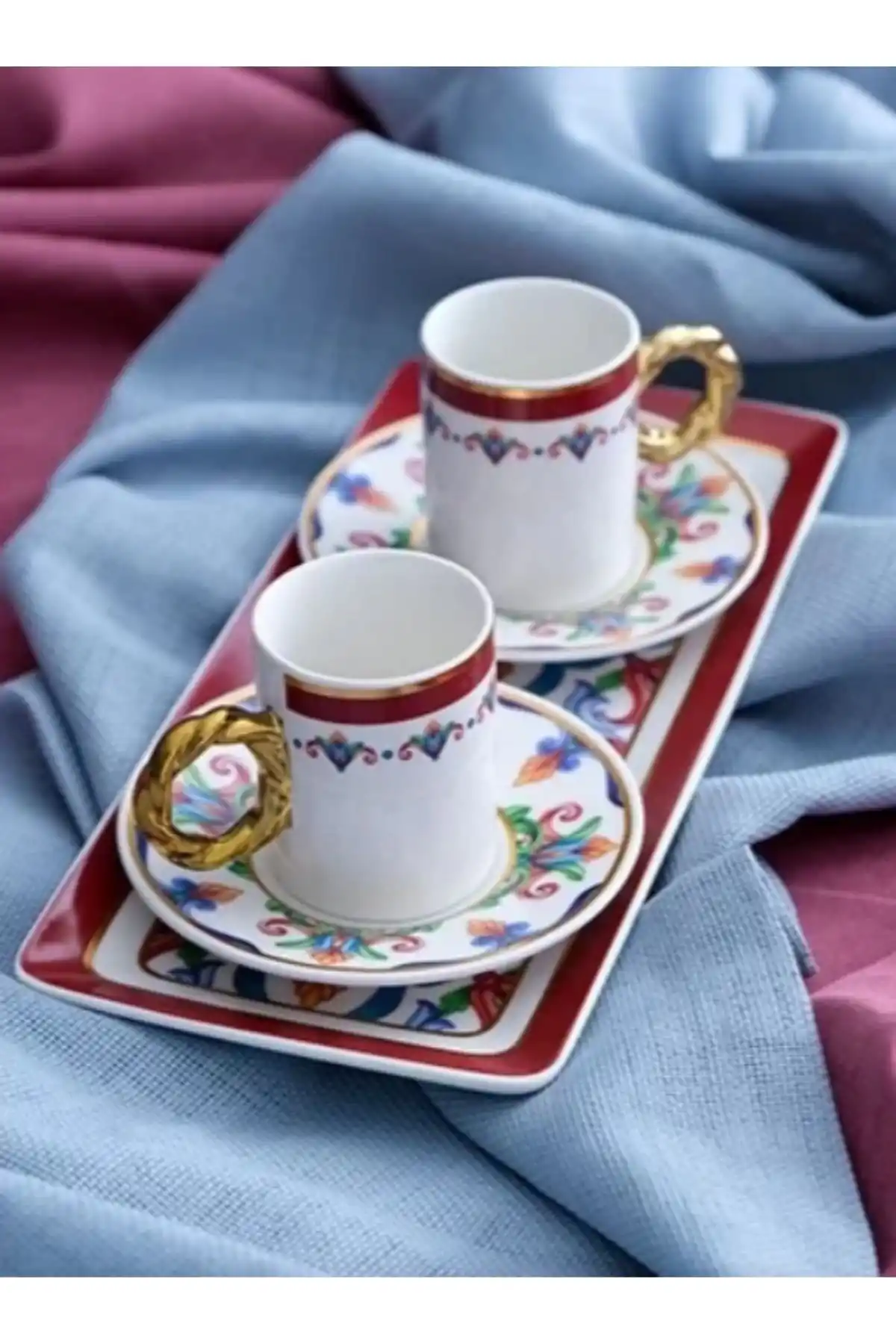 Acar SHP6015 Kırmızı Detaylı Kahve Fincan Takımı 2li