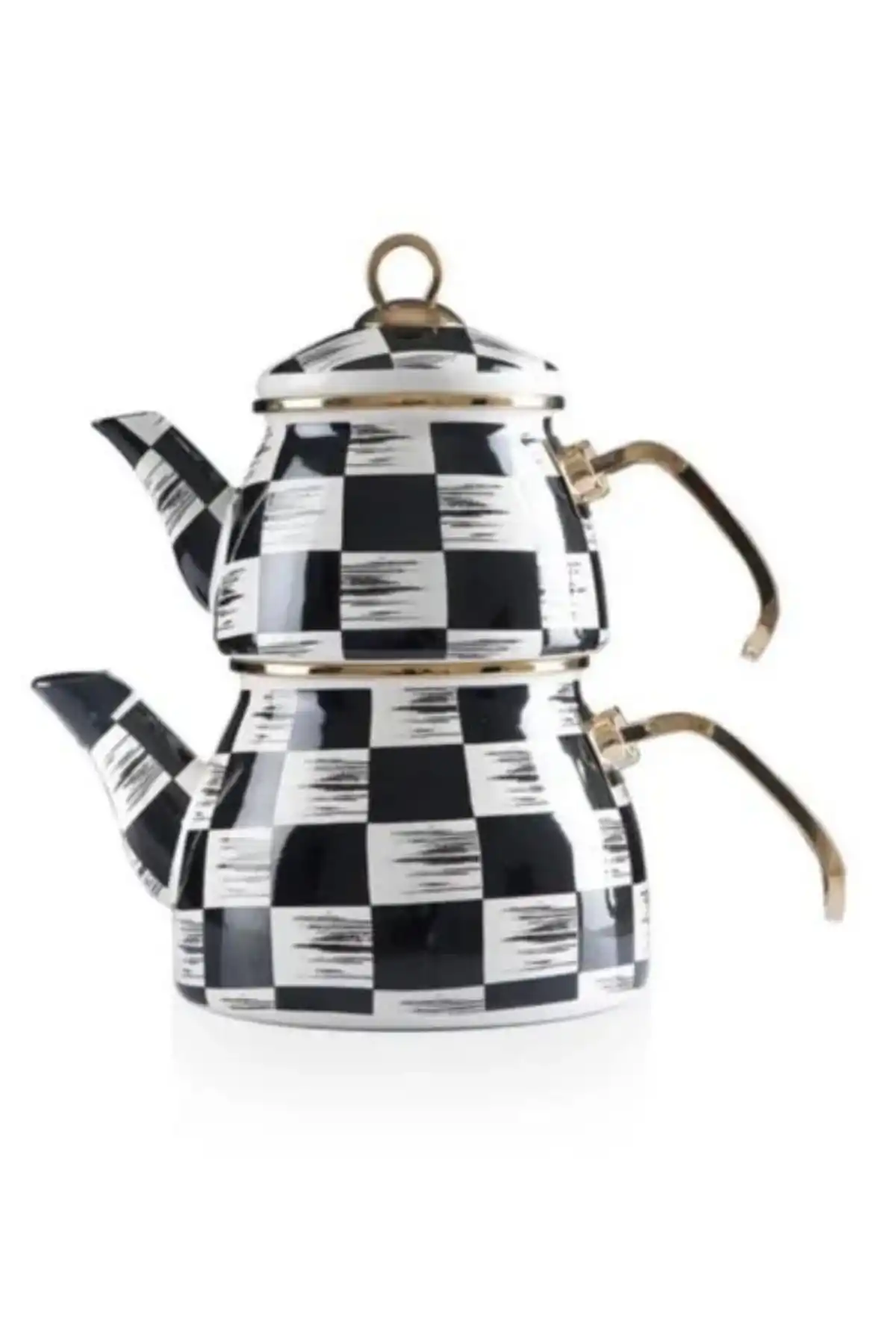 Acar XAP6375 Gold Kulplu Dama Desenli Emaye Alt/Üst Çaydanlık