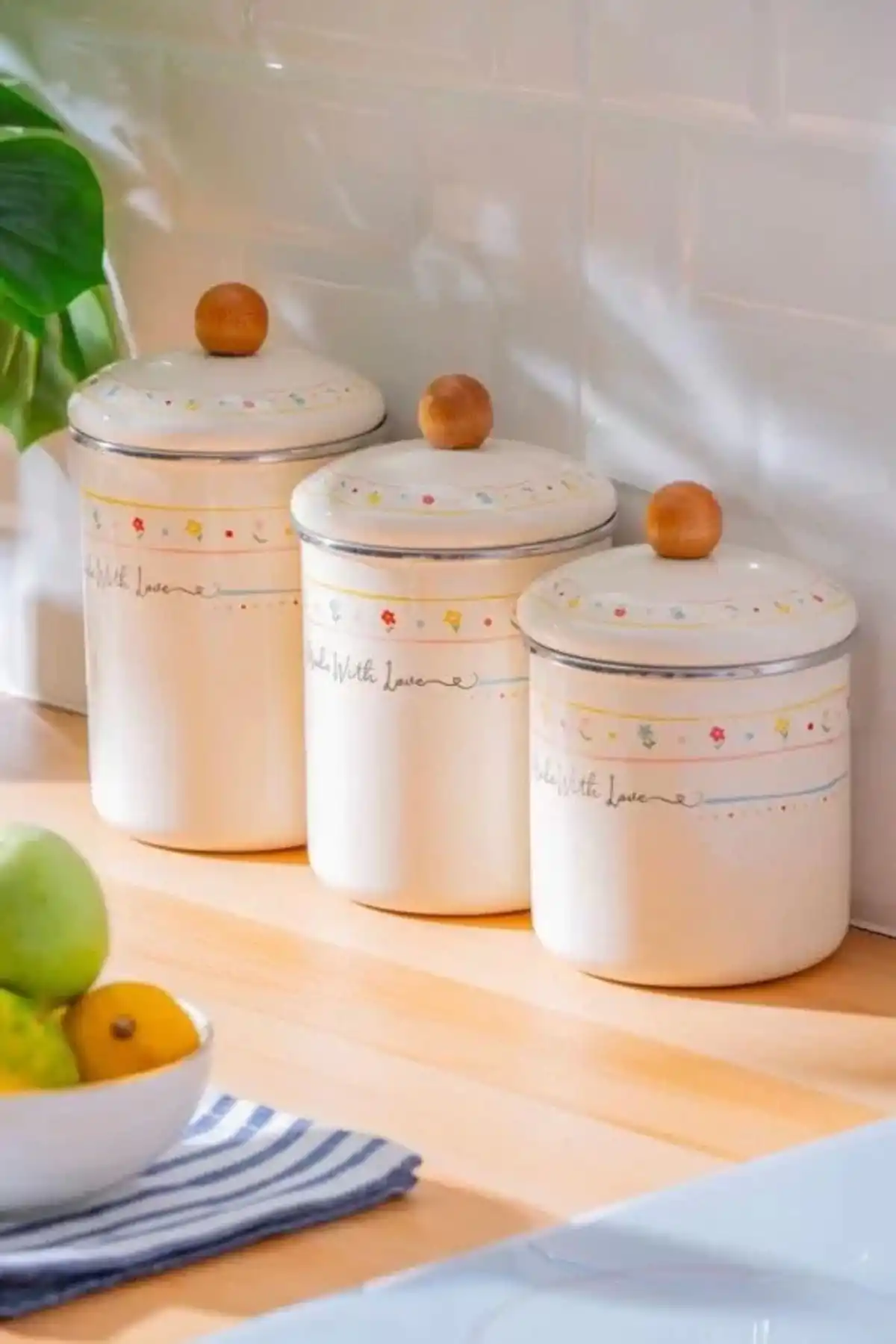 Acar XAP7712 Emaye Çiçek ve Yazı Desenli Beyaz Kavanoz 3lü