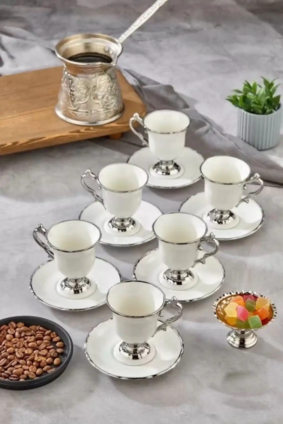 Cooker CKR3535 Silver Detaylı Porselen Kahve Fincan Takımı 6lı