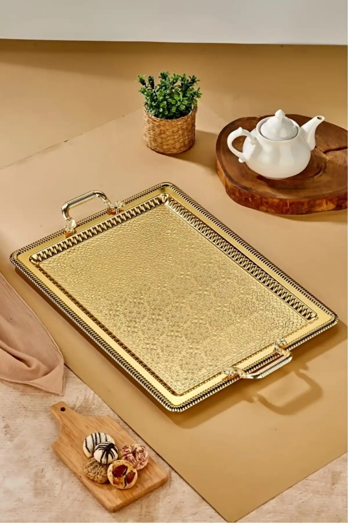 Cooker Gold Renk Dikdörtgen Metal Tepsi 60x40 cm