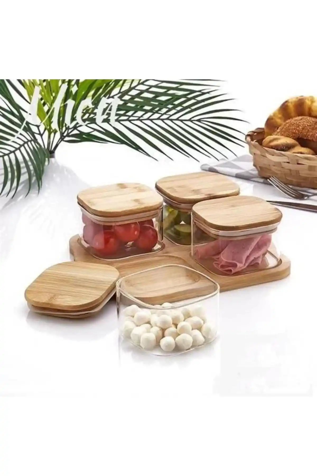 Mien M002 Bambu Kapaklı Cam Kahvaltılık 4 Lü