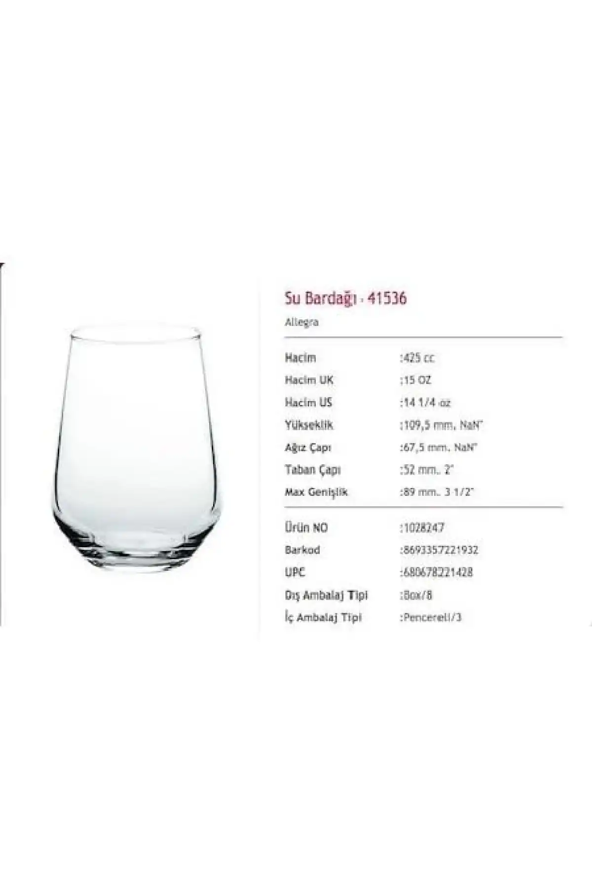 Paşabahçe 41536 Sade Allegra 425 cc 3lü