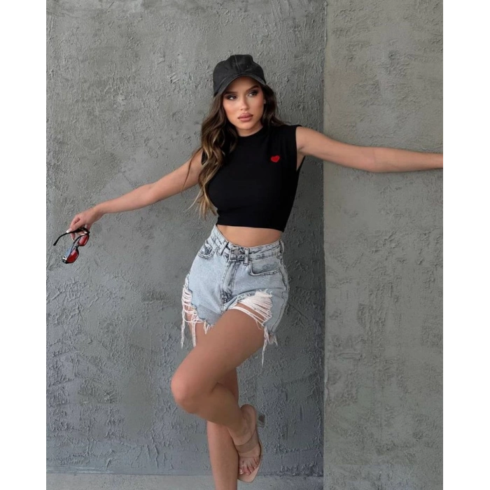 Kalp Nakışlı Likralı Crop