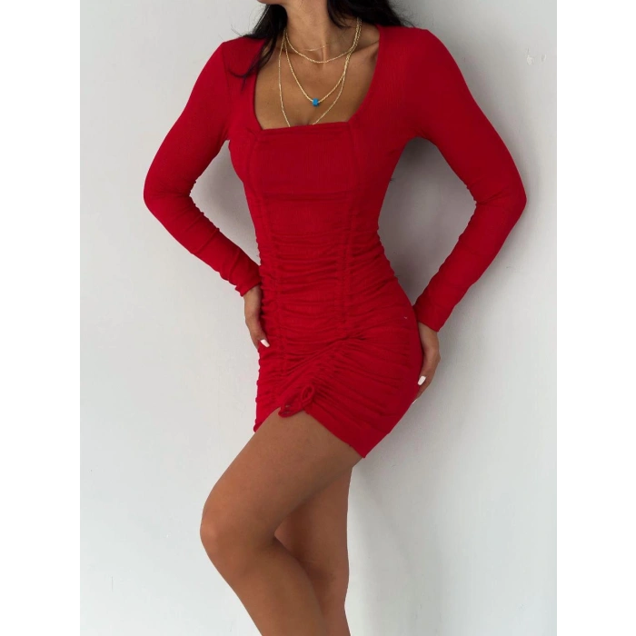 Kare Yaka Kaşkorse Büzgülü Elbise