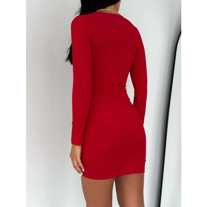 Kare Yaka Kaşkorse Büzgülü Elbise