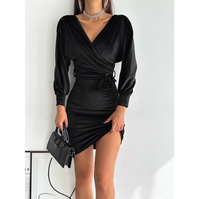 Kruvaze Yaka Kuşaklı Kadife Elbise