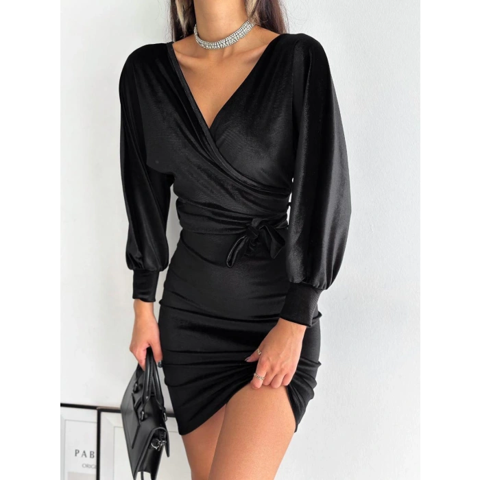 Kruvaze Yaka Kuşaklı Kadife Elbise