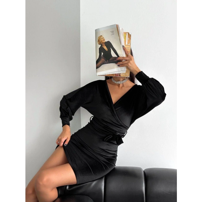 Kruvaze Yaka Kuşaklı Kadife Elbise