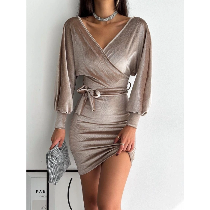 Kruvaze Yaka Kuşaklı Kadife Elbise