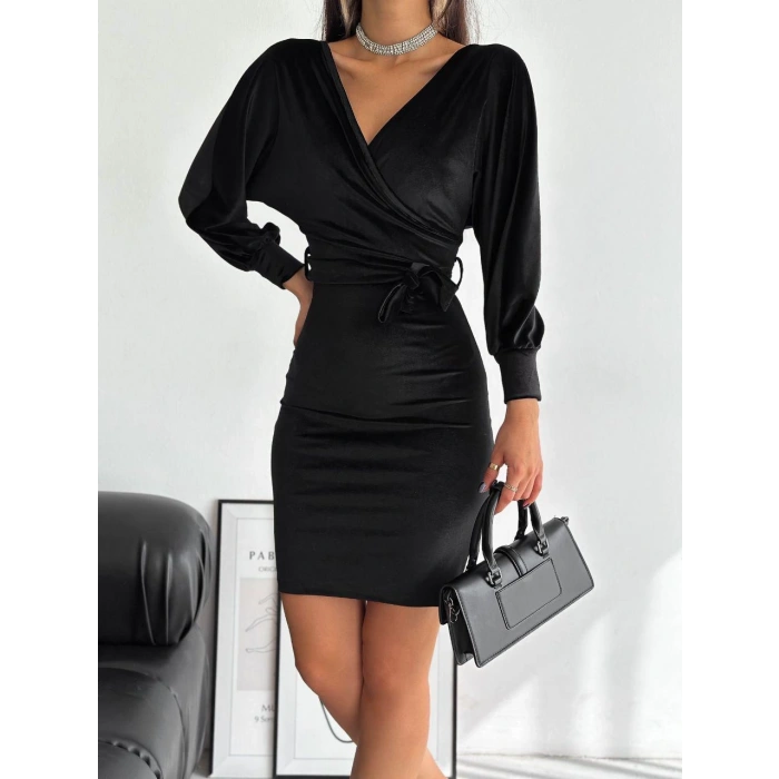 Kruvaze Yaka Kuşaklı Kadife Elbise