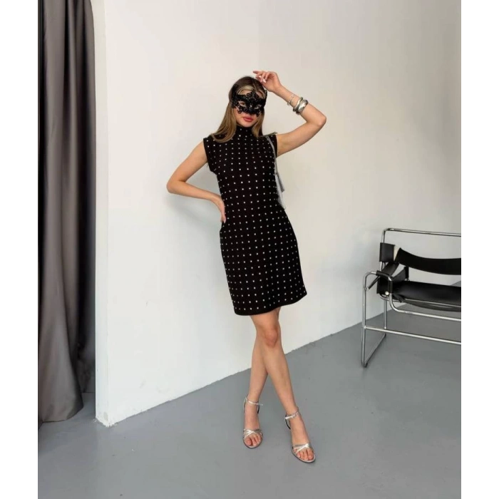 Ottoman Kumaş Taşlı Mini Elbise