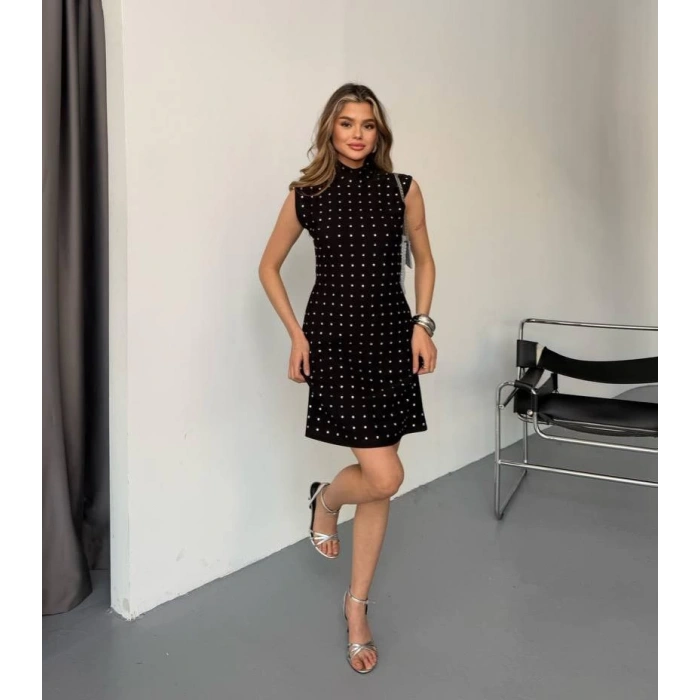 Ottoman Kumaş Taşlı Mini Elbise