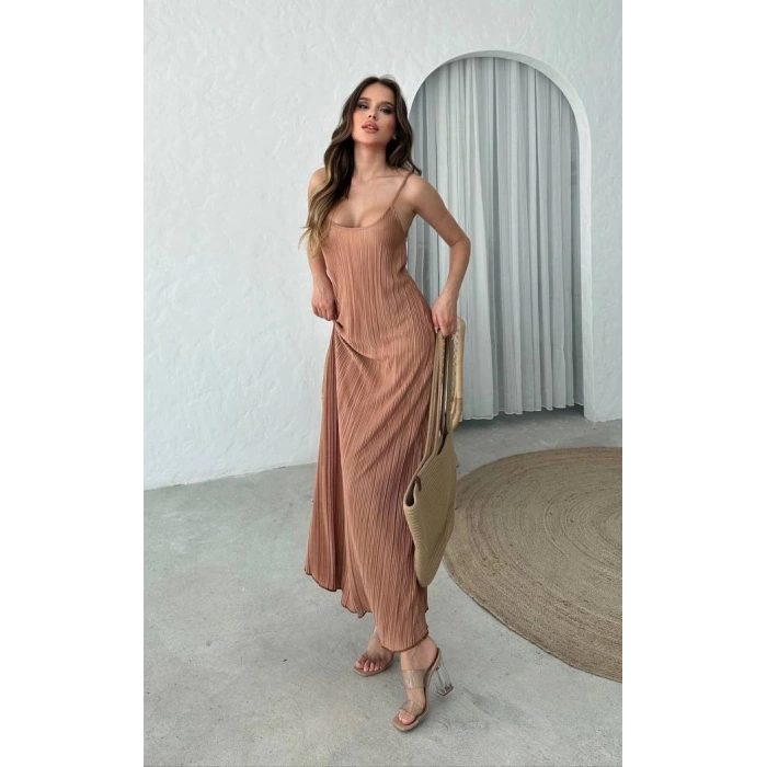 Pliseli Kumaş Astarlı Askılı Elbise