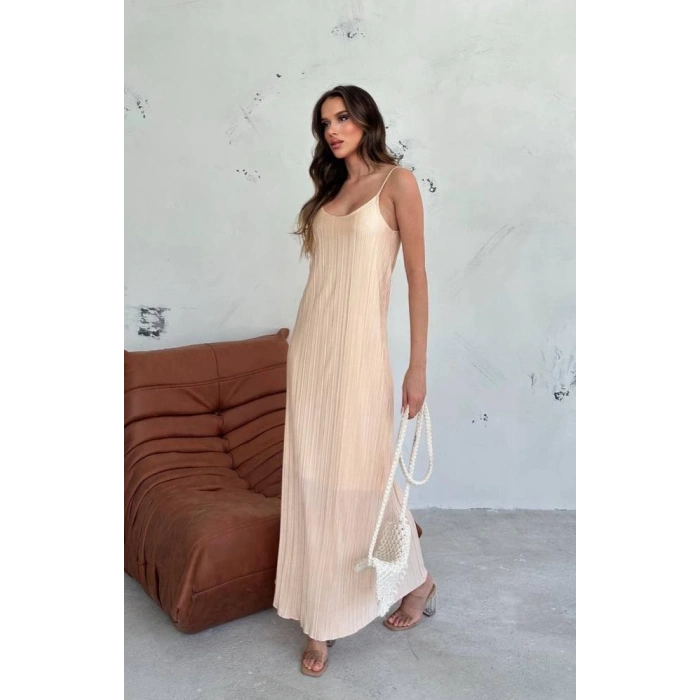 Pliseli Kumaş Astarlı Askılı Elbise