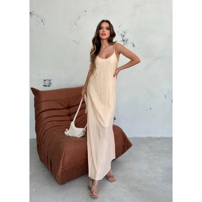Pliseli Kumaş Astarlı Askılı Elbise