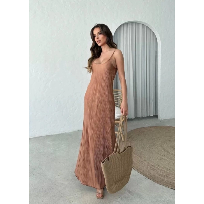Pliseli Kumaş Astarlı Askılı Elbise
