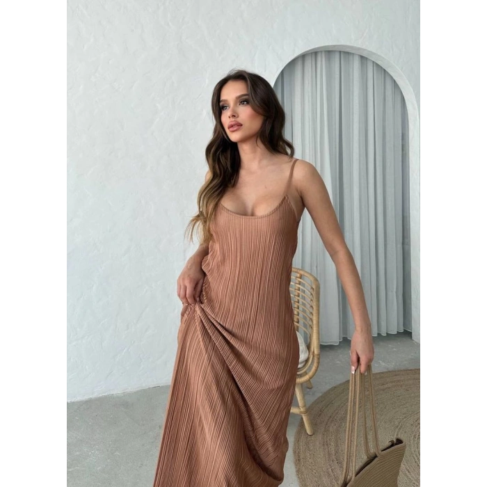 Pliseli Kumaş Astarlı Askılı Elbise