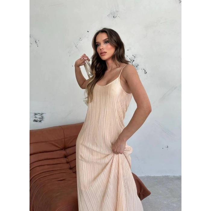 Pliseli Kumaş Astarlı Askılı Elbise