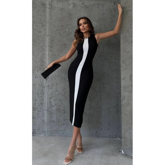 Şeritli Kolsuz Elbise