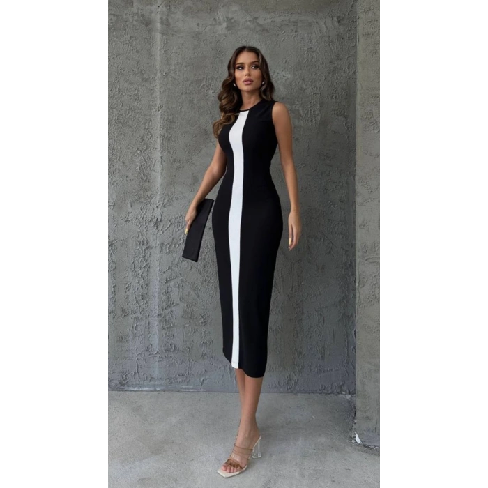 Şeritli Kolsuz Elbise