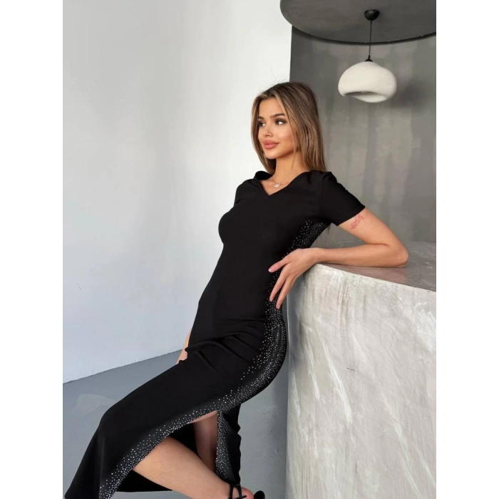 Taşlı Yırtmaçlı Elbise