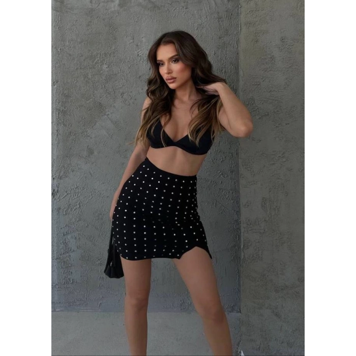 Taşlı Yırtmaçlı Mini Etek