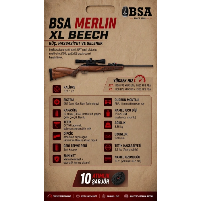 BSA MERLİN XL GEN 3İ BEECH 10-SHOT HAVALI TÜFEK (3-9X40 MIL-DOT DÜRBÜN HEDİYELİ)