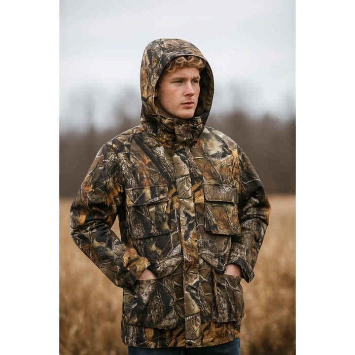 AVCILIK ORMAN DESEN ÇULLUK SETTER BASKILI RÜZGAR SU GEÇİRMEZ ÇIKMA KAPÜŞONLU SOĞUK İKLİM KABAN