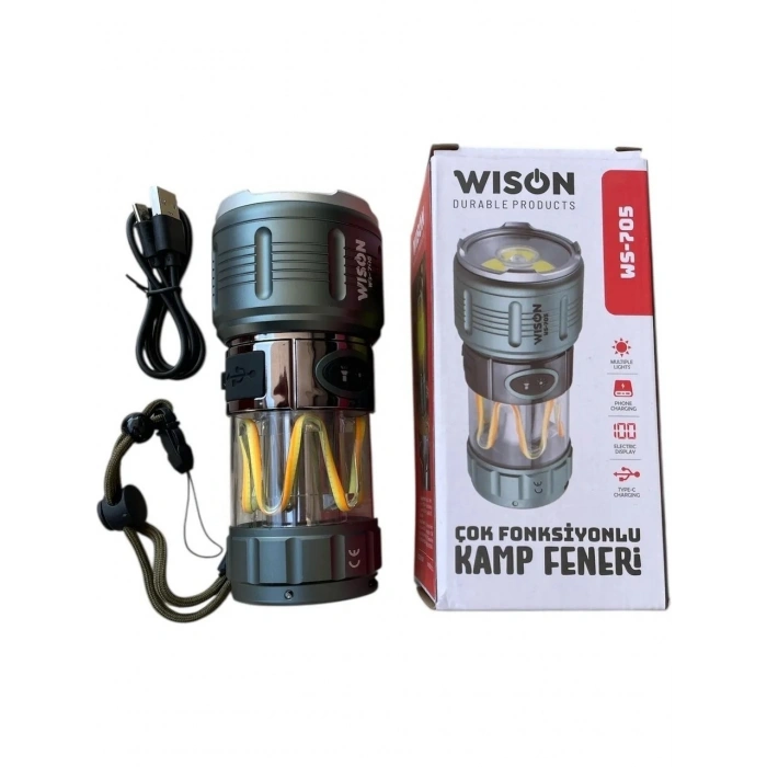 WİSON WS-705 ŞARJLI KAMP LAMBASI 10W 1000 LÜMEN | POWERBANK ÖZELLİKLİ ÇOK FONKSİYONLU LED FENER | TYPE-C ŞARJLI SU GEÇİRMEZ
