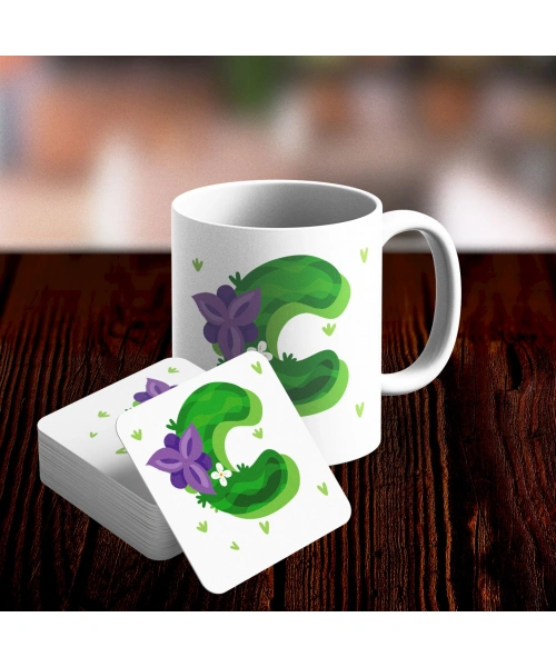 C Harfi Tasarımlı Kupa ve Bardak Altlığı Seti