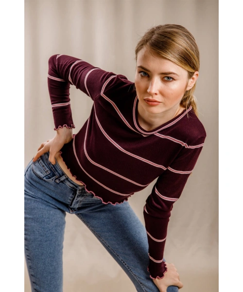 Çizgili Crop Triko - BORDO