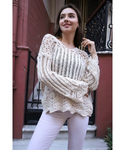 Delikli Merserize Kazak - KREM