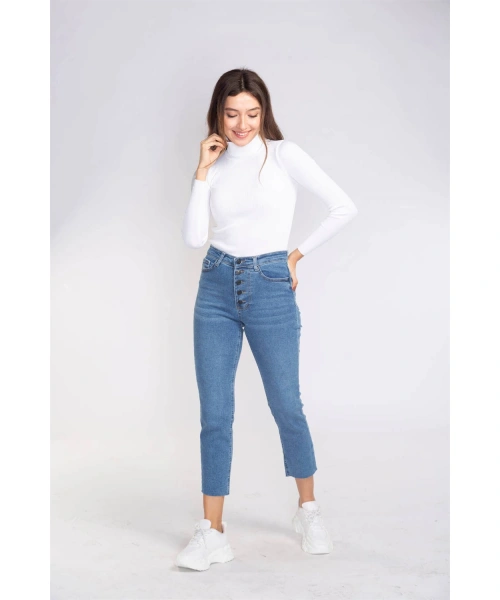 Düğme Detaylı Kesik Paça Slim Fit Jean-MAVİ