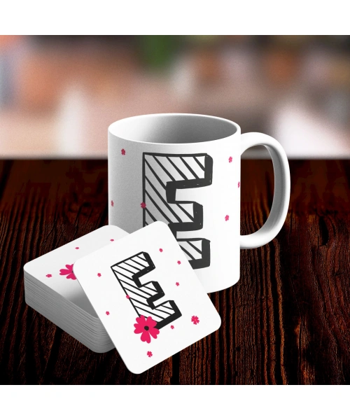 E Harfi Tasarımlı Kupa ve Bardak Altlığı Seti