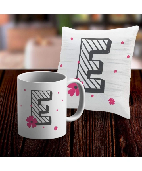 E Harfi Tasarımlı Kupa ve Yastık Kılıfı Hediye Seti