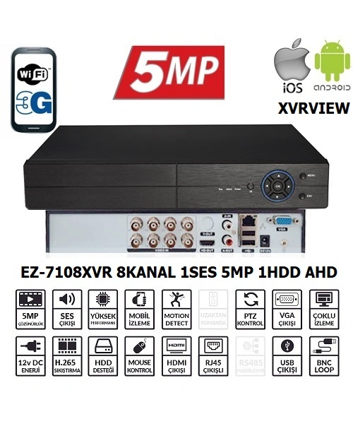 EZCOOL EZ-7108XVR 8CH 5MP KOAKSIYEL SES XVRVIEW