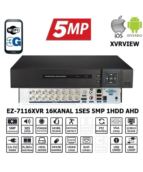 EZCOOL EZ-7116XVR 16CH 5MP KOAKSIYEL SES XVRVIEW