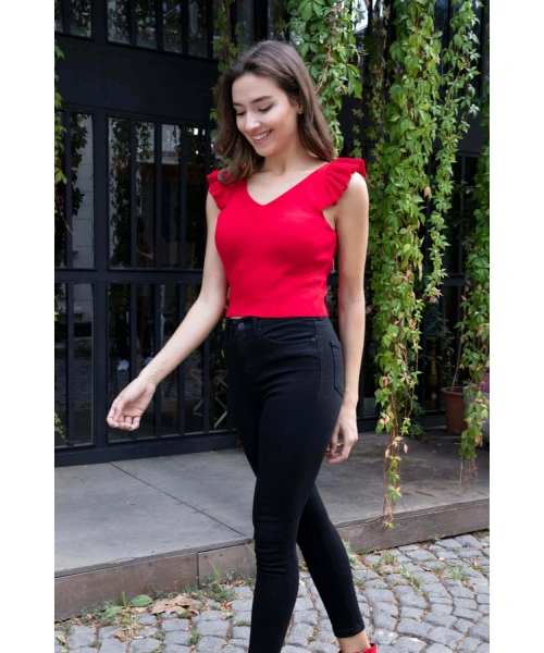 Fırfır Detaylı Triko Bluz - KIRMIZI