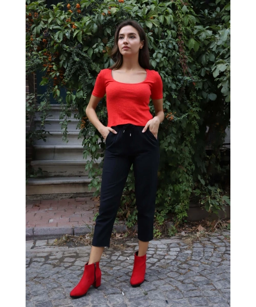 Geniş Yaka Triko Bluz - KIRMIZI