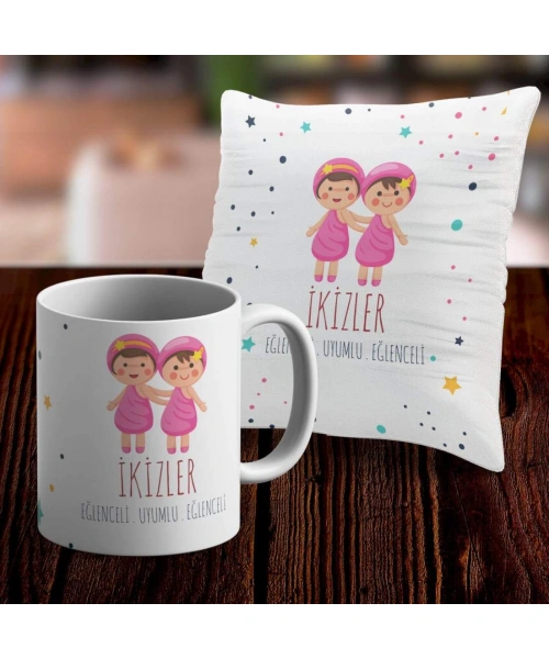 İkizler Tasarımlı Sevimli Kupa ve Yastık Kılıfı Seti