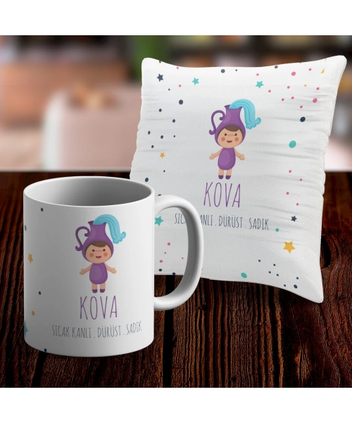Kova Tasarımlı Sevimli Kupa ve Yastık Kılıfı Seti