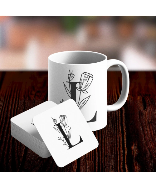 L Harfi Tasarımlı Kupa ve Bardak Altlığı Seti