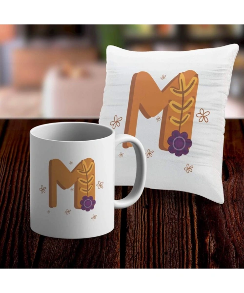 M Harfi Tasarımlı Kupa ve Yastık Kılıfı Hediye Seti