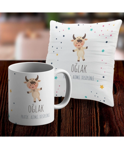 Oğlak Tasarımlı Sevimli Kupa ve Yastık Kılıfı Seti